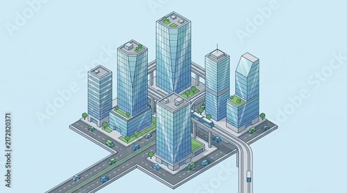 Modern Isometric City: Skyscrapers, Roads and Advanced Public Transport
