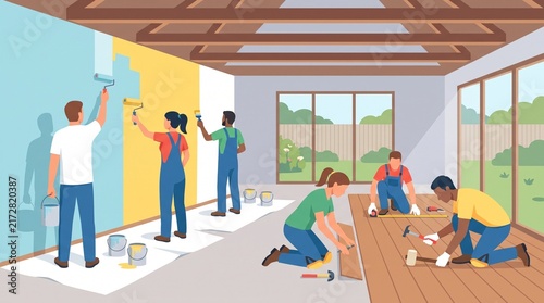 Diverse Team Actively Renovating a Modern Home with Painting and Floor Installation