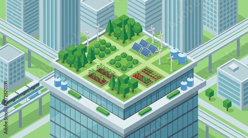 Green Rooftop Garden on Modern Skyscraper in Sustainable Urban City Illustration