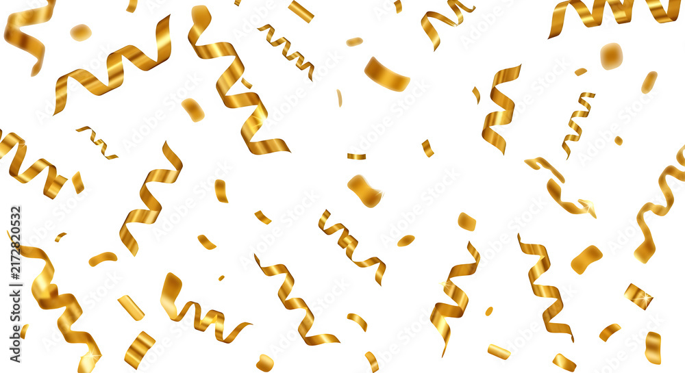 Fototapeta premium Falling Gold Confetti Ribbons and Party Streamers Isolated on a Transparent Background for Festive Celebration Design Elements