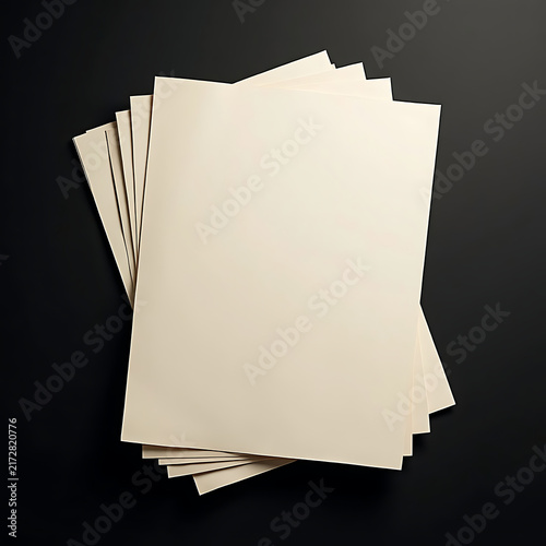 Stack of blank white paper pages fanned out on dark surface, perfect for presentations and office documents.