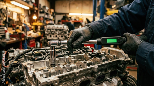 Plakat Mechanic using digital torque wrench on car engine in workshop