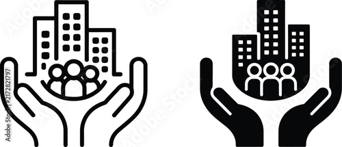 Hands protecting community city buildings and people population vector icons symbolizing safety, support, security, care, and urban protection.