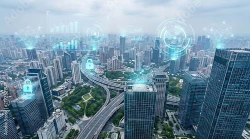 Aerial view of a major metropolis connected by a secure digital infrastructure and cybersecurity locks