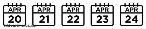 Set of five calendar icons for April 20 to 24 showing daily schedule dates in line art.