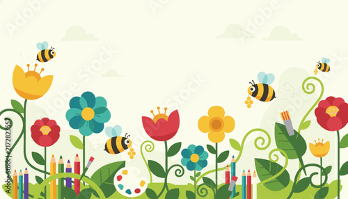 Cheerful garden scene with various colorful flowers and cute cartoon bees flying around collecting nectar and honey.