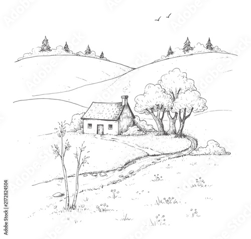 Hand drawn of a cottage nestled in rolling hills with trees and birds house rural