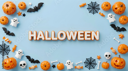 Halloween festive flat lay with pumpkins and ghosts. Spooky holiday border on blue background. Autumn celebration banner with 3D text.
