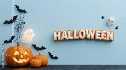 Halloween 3D text banner with jack o lantern pumpkins. Spooky holiday background with ghost, bats and skull. Festive autumn party decor.