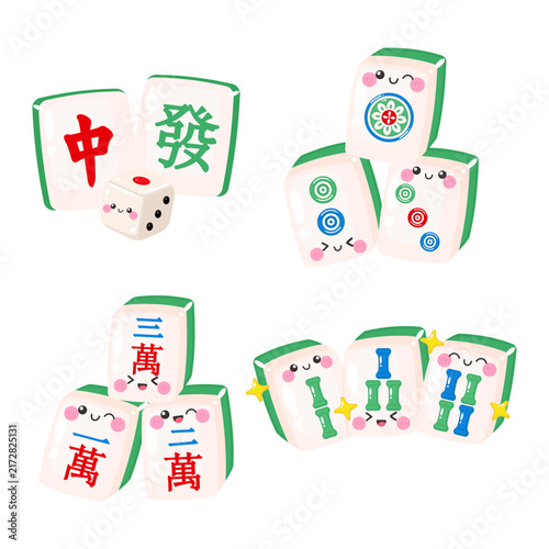 Cute dragon, dot, bam, crack mahjong tiles character. Chinese character means 