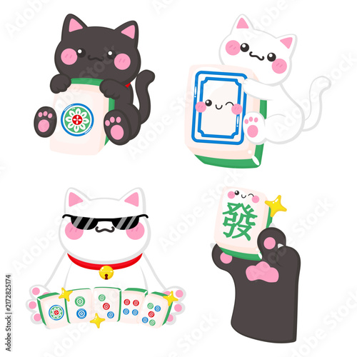 Cute cat character with mahjong tiles. Chinese character means 