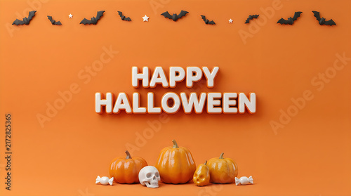 Happy Halloween 3D text on orange background, festive holiday banner with pumpkins and bats, spooky seasonal greeting card