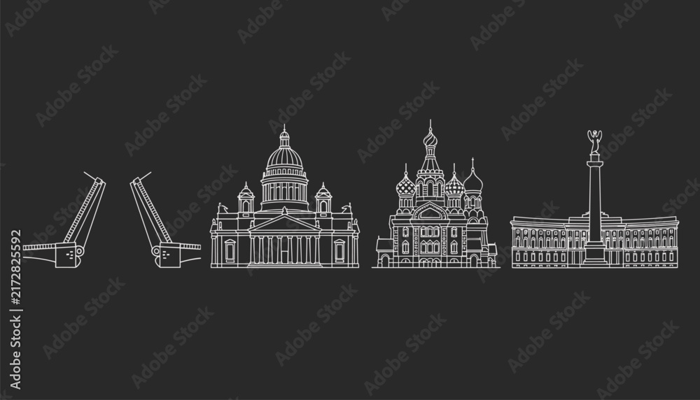 Obraz premium Elegant white line sketches on a black background depict famous Saint Petersburg landmarks like Saint Isaacs Cathedral.