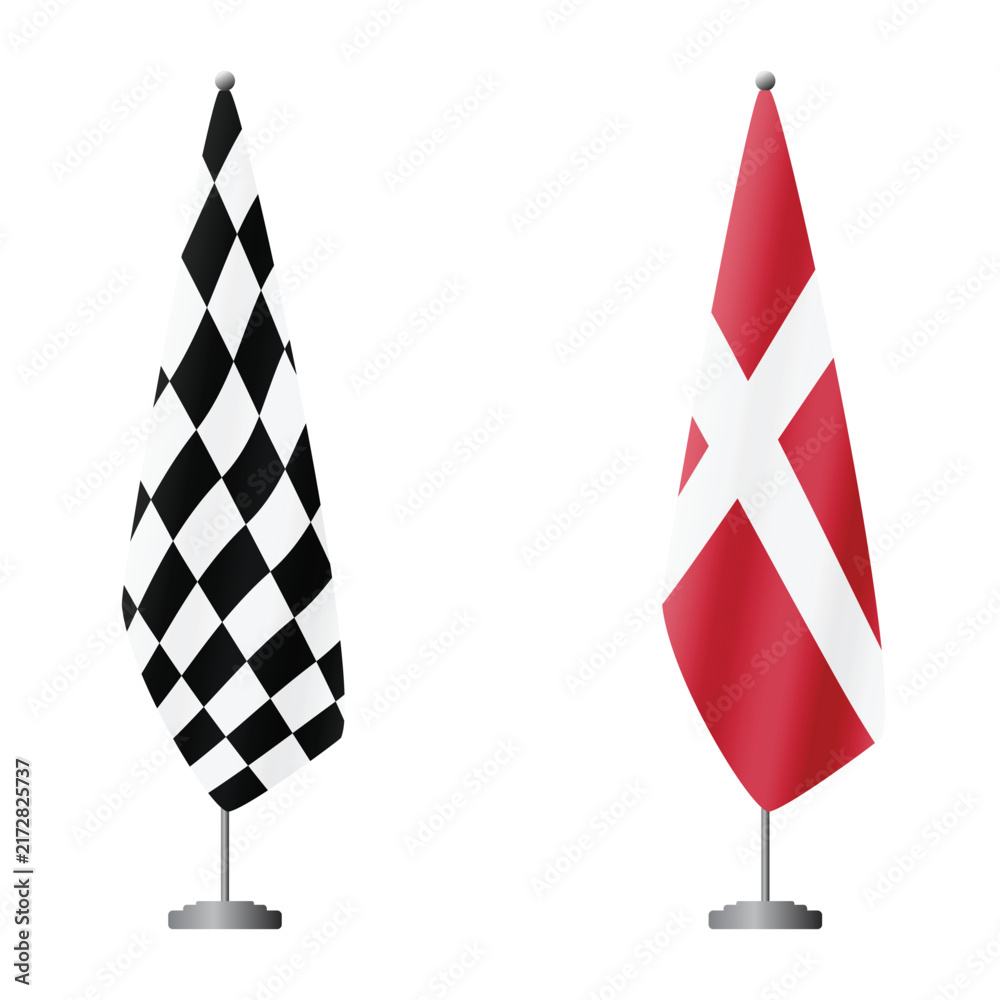 Obraz premium Checkered and Denmark flags on flagpoles for official ceremonies and meetings, transparent background vector