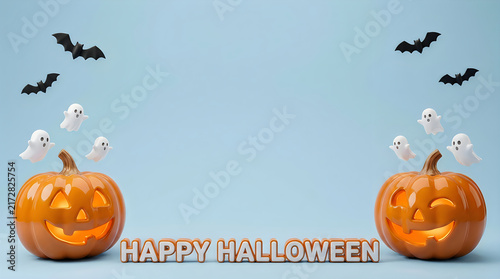 Happy Halloween greeting card with glowing jack-o-lantern pumpkins. Spooky ghosts and bats on blue background. Festive holiday banner with copy space.