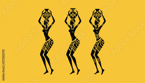 Three traditional stylized African women silhouettes gracefully carrying decorative pots on their heads against a bright yellow backdrop.