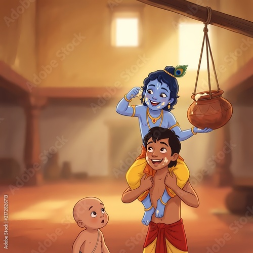 A joyful illustration of young Lord Krishna as Makhan Chor sitting on a friend's shoulders to reach a butter pot during Janmashtami.