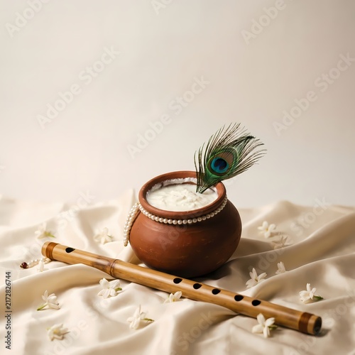 Aesthetic Janmashtami background featuring a clay pot filled with fresh butter, a peacock feather, and a traditional bamboo flute on elegant draped fabric.