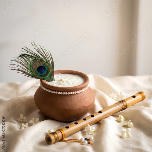 A traditional scene for Krishna Janmashtami festival featuring a clay pot filled with fresh curd, a peacock feather, and a wooden flute on silk.