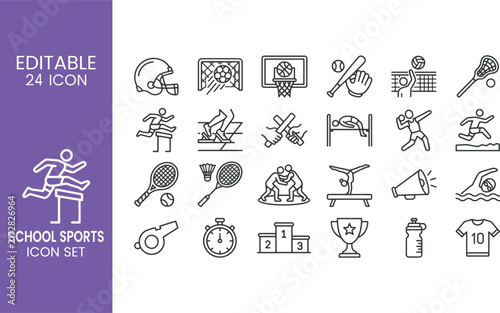 School Sports Icon Set Vector Line Art Icons of High School Athletics Physical Education Games and Championship Equipment