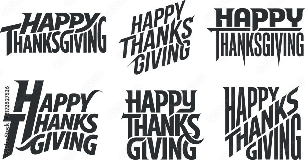 Obraz premium A collection of artistic black and white typography designs featuring the phrase happy thanksgiving day for seasonal holiday greeting cards