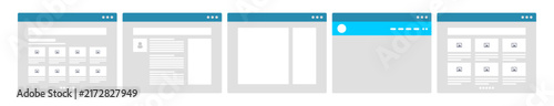 Website wireframe prototype set showing UI layout structure and mobile application design.