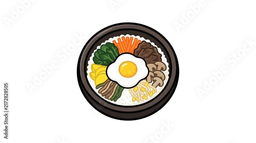 Delicious cartoon illustration of Korean bibimbap in a traditional bowl with rice, vegetables, meat, and a fried egg.