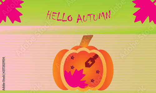 Hello Autumn Pumpkin Banner with Colorful Striped Background and Fall Leaf Decorations