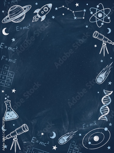 Chalkboard border with science and space doodles for education design.