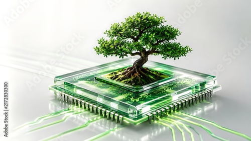Bonsai tree growing on computer chip with glowing green circuits