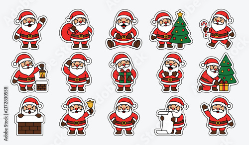 Santa Claus Sticker Bundle With Cute Christmas Santa Characters, Gift Box, Christmas Tree, Candy Cane, Bell, Fireplace And Holiday Activities Vector Collection