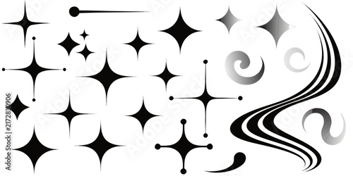 Collection of abstract starbursts and decorative swirls isolated on white background for graphic design