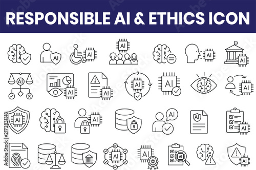 Responsible AI and Ethics Line Icons Set for Artificial Intelligence Governance and Data Privacy