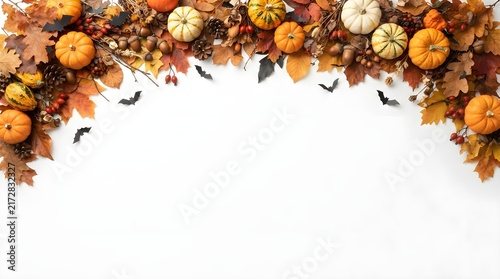 Autumn harvest border with pumpkins, fall leaves, acorns, pine cones, and decorative bats isolated on white background