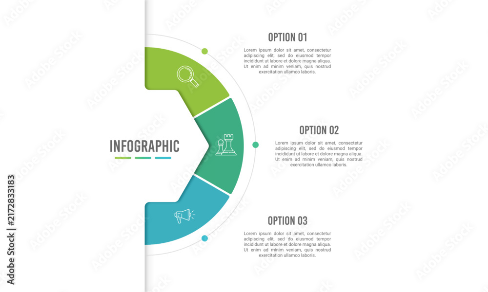 Naklejka premium 3 Steps Business Process Semicircle Infographic Template for Workflow Presentation. Report, Banner and Plan. Vector illustration.