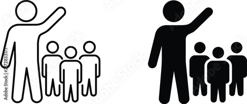 Leadership and followers icon featuring a raised hand leader and group of people in outline and silhouette styles.