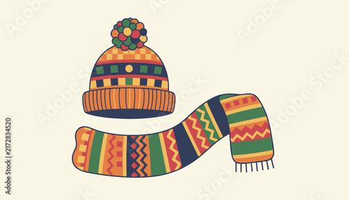 Cozy winter clothing set including a knit beanie with a pom-pom and a matching scarf with colorful geometric patterns.