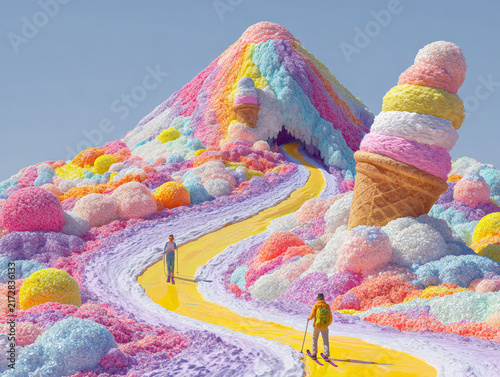 Surreal candy land landscape with ice cream slopes and tiny people
