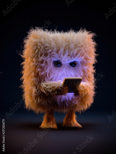 Cute fluffy fuzzy monster character holding smartphone 3D style