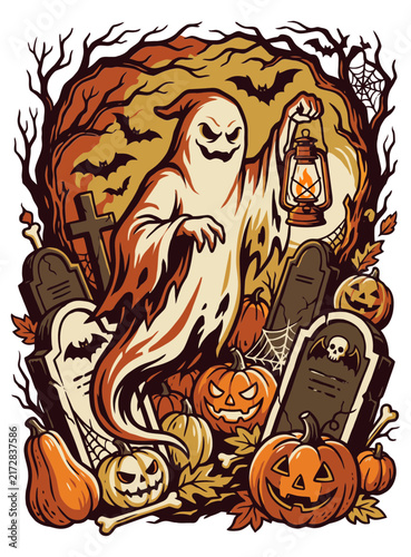Vintage Ghost Carrying Lantern in Graveyard