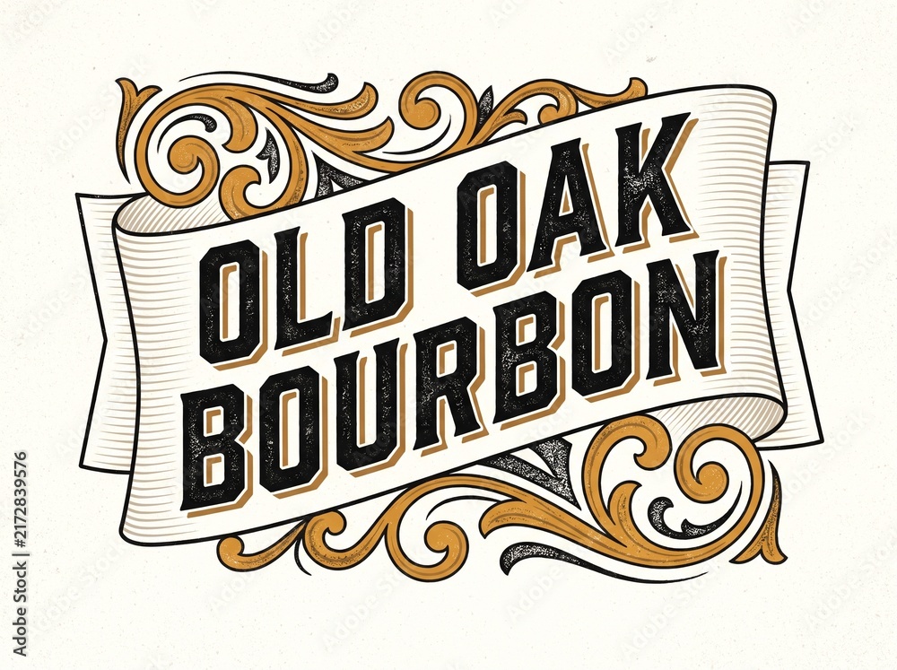 Obraz premium Vintage Style Bourbon Label Design with Decorative Flourishes and Banner Ribbon on White Background
