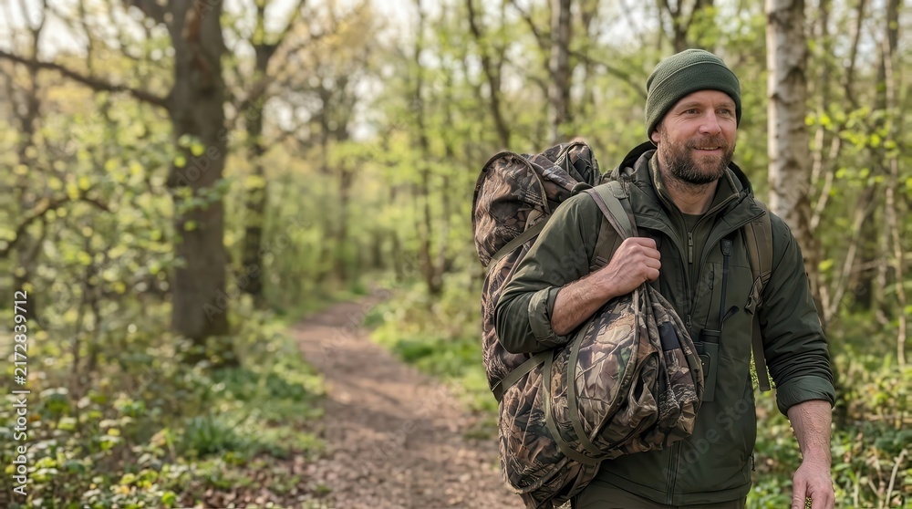 Fototapeta premium A bearded man in camouflage gear traverses a serene sun-dappled woodland trail carrying a heavy backpack on a peaceful outdoor adventure in nature