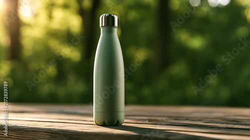 reusable green water bottle on wooden table in forest
