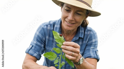 Smiling Female Farmer Carefully Examining Healthy Green Plant Leaves with a Red Ladybug in a Sustainable Organic Garden