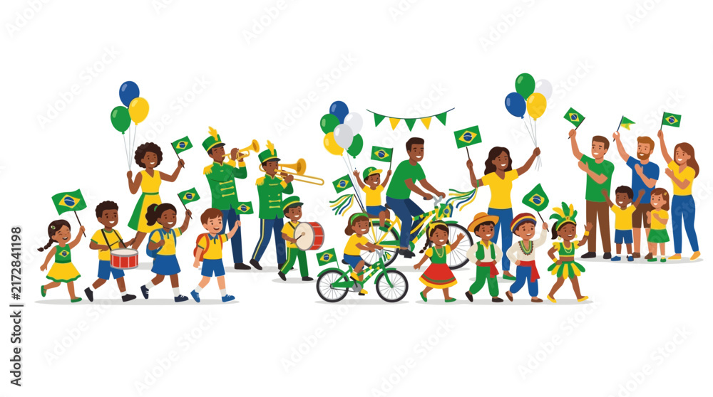 Fototapeta premium Brazilian Carnival Parade: Diverse People Celebrating with Flags and Music