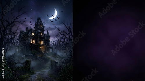 Spooky haunted mansion on a hill at night with a crescent moon, bare trees, and a swarm of bats flying in the dark, misty, eerie atmosphere of a gothic horror scene