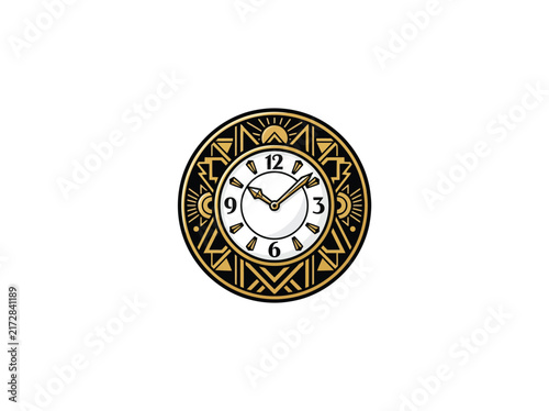 Art Deco Style Wall Clock With Geometric Black And Gold Frame Isolated On White Background