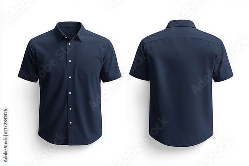 Blank navy short sleeve formal shirt displayed in front and back views, featuring a neat collar and button design for corporate uniforms and business apparel.