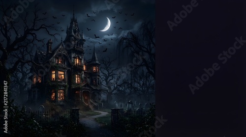 Spooky haunted mansion at night with a glowing crescent moon, silhouettes of bats, and a dark, eerie graveyard in the foreground under a dramatic, cloudy sky