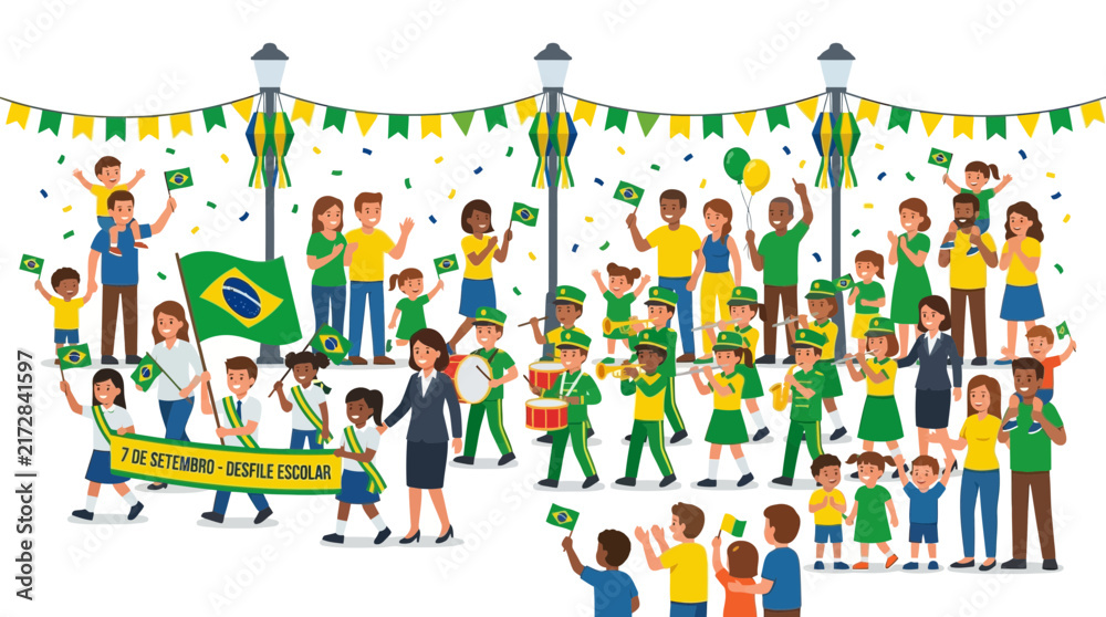 Fototapeta premium Brazilian Independence Day Celebration: Diverse People and School Band with Flags